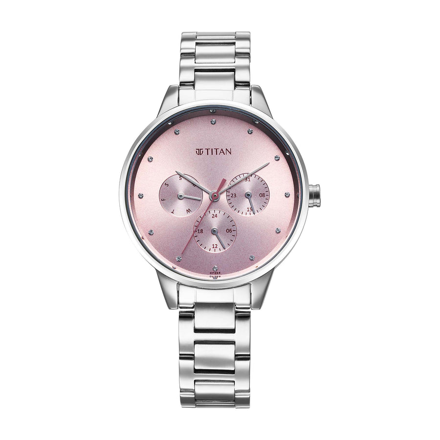 Titan Pink Dial Silver Stainless Steel Strap Analog with Day and Date Watch for Women