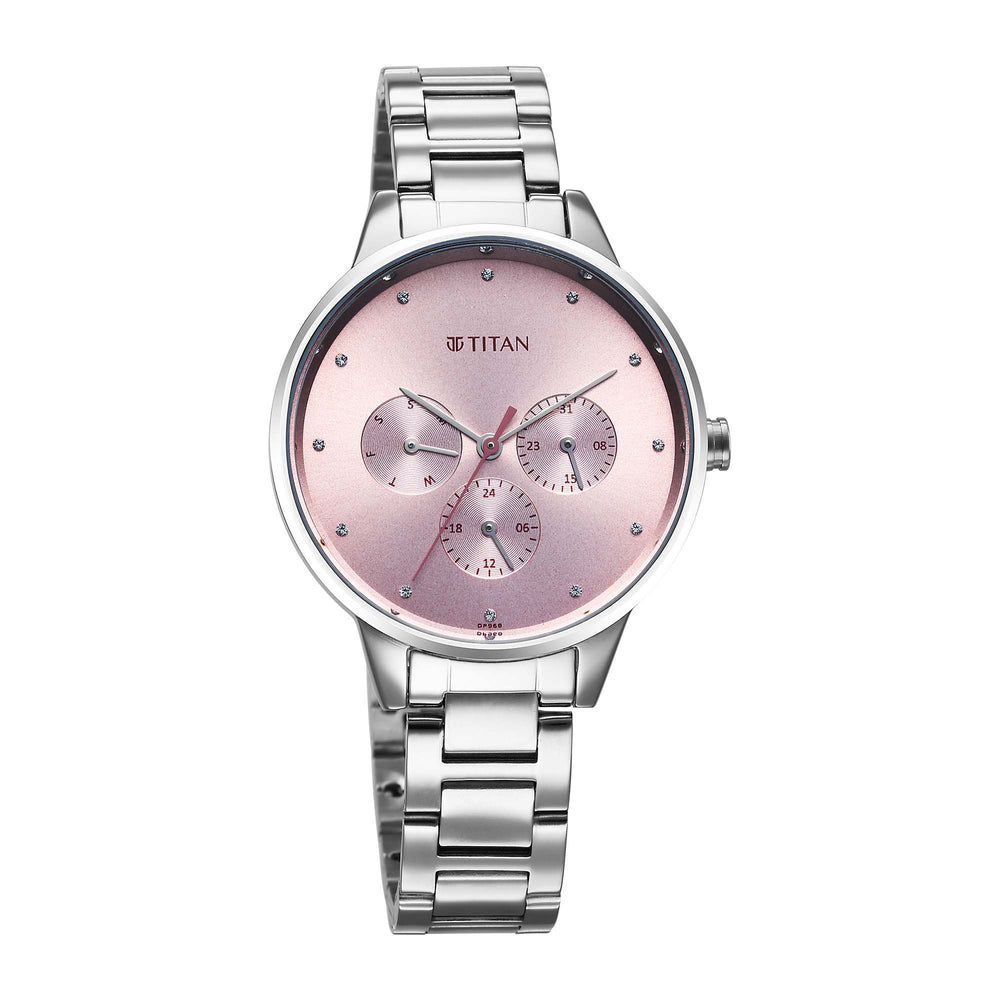 Titan Pink Dial Silver Stainless Steel Strap Analog with Day and Date Watch for Women