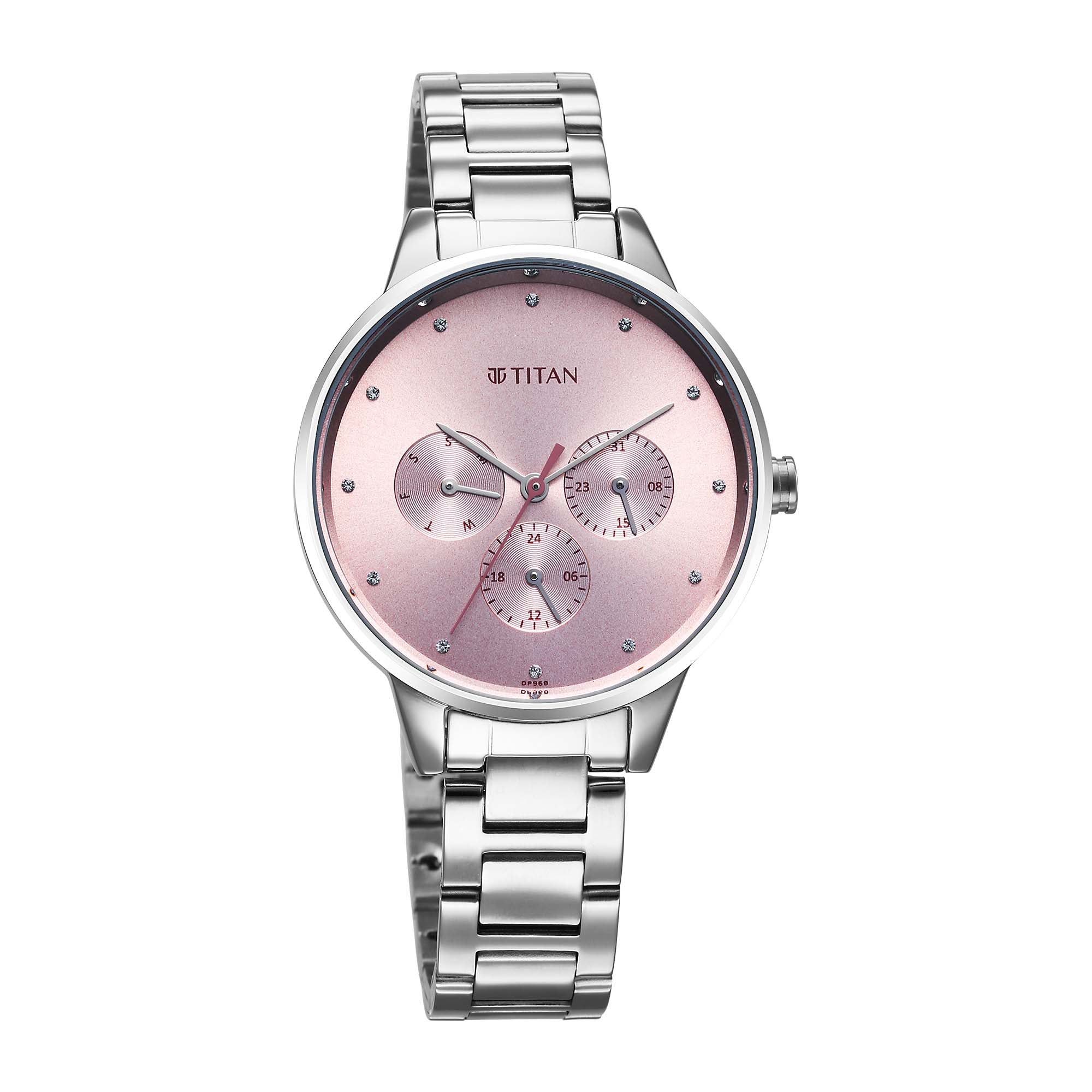 Titan Pink Dial Silver Stainless Steel Strap Analog with Day and Date Watch for Women