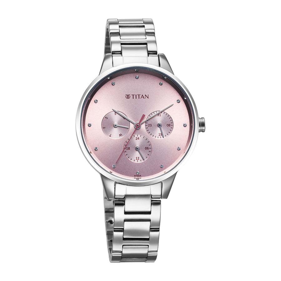 Titan Pink Dial Silver Stainless Steel Strap Analog with Day and Date Watch for Women