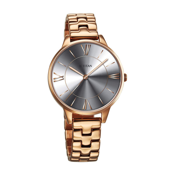 Titan Silver Dial Rose Gold Stainless Steel Strap Analog Watch for Women