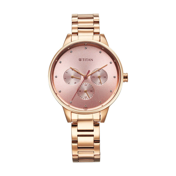 Titan Razzle Dazzle Quartz Analog with Day and Date Pink Dial Rose Gold Stainless Steel Strap Watch For Women