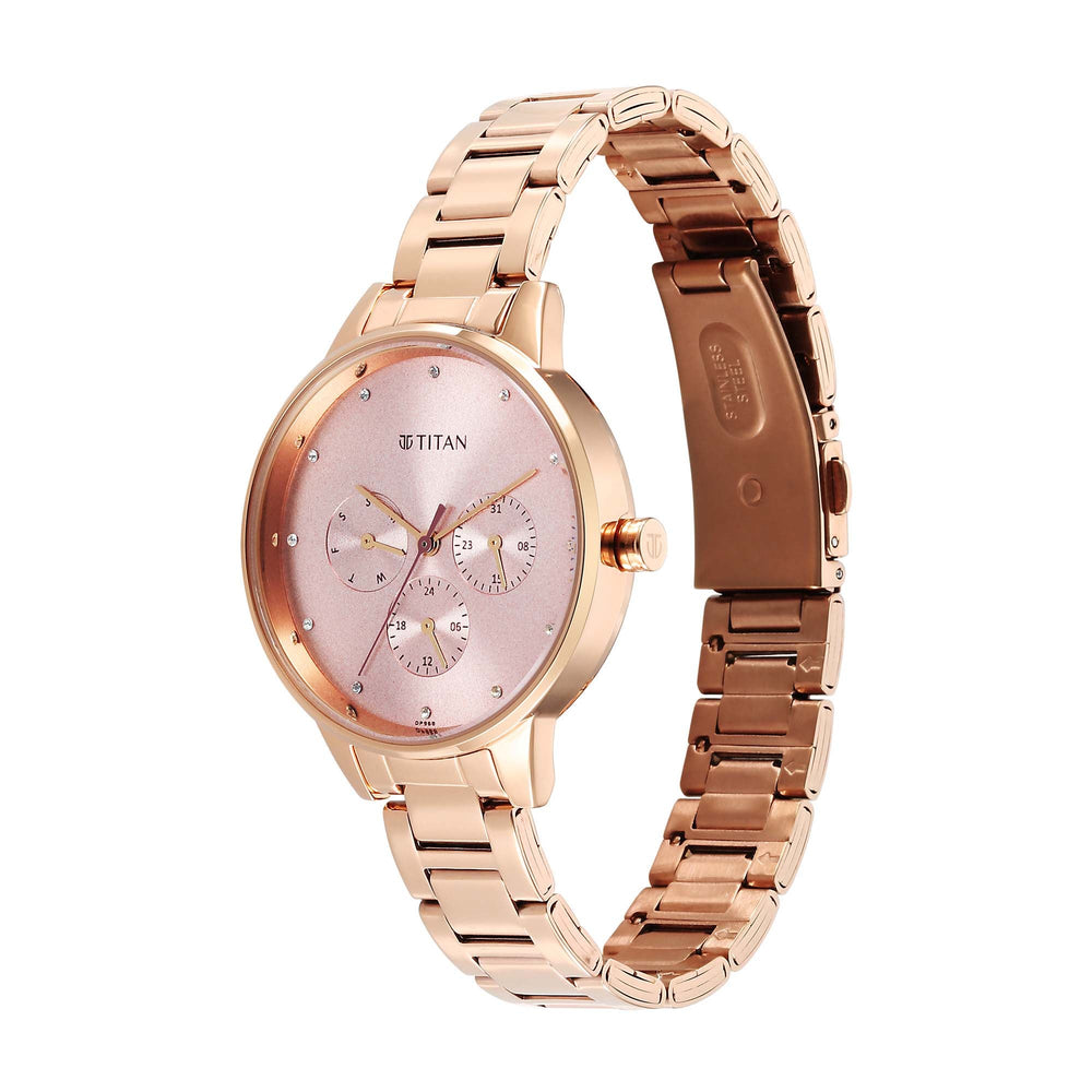 Titan Razzle Dazzle Quartz Analog with Day and Date Pink Dial Rose Gold Stainless Steel Strap Watch For Women