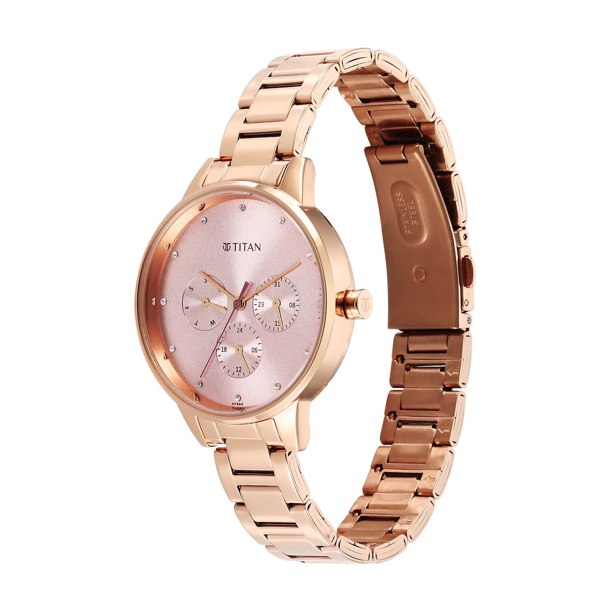Titan Razzle Dazzle Quartz Analog with Day and Date Pink Dial Rose Gold Stainless Steel Strap Watch For Women