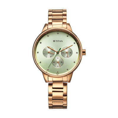 Titan Green Dial Rose Gold Stainless Steel Strap Analog with Day and Date Watch for Women