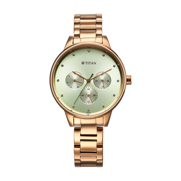 Titan Green Dial Rose Gold Stainless Steel Strap Analog with Day and Date Watch for Women