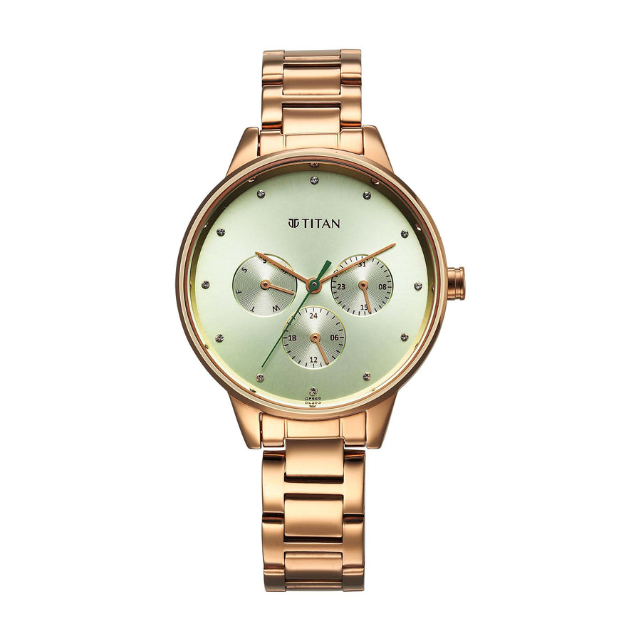 Titan Green Dial Rose Gold Stainless Steel Strap Analog with Day and Date Watch for Women