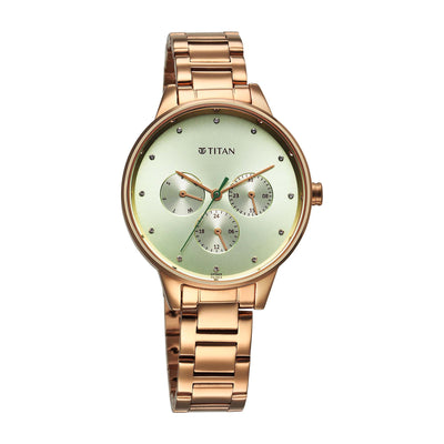 Titan Green Dial Rose Gold Stainless Steel Strap Analog with Day and Date Watch for Women