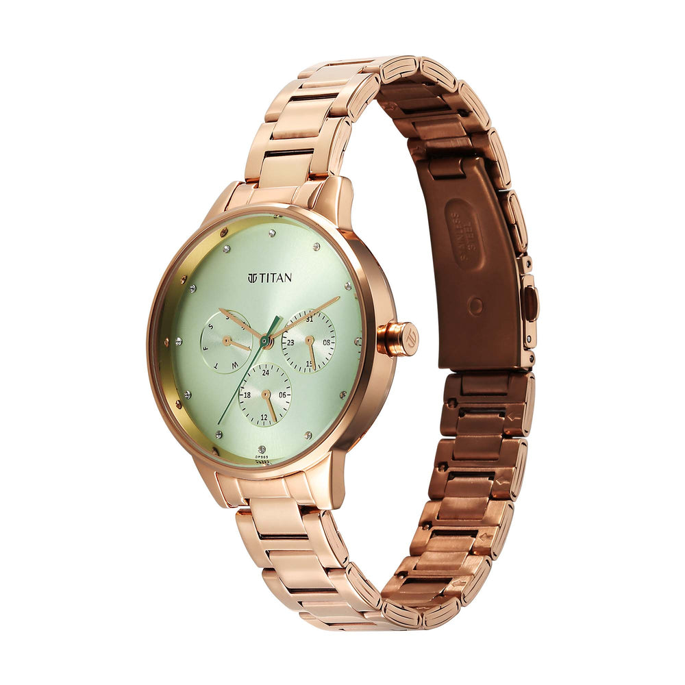 Titan Green Dial Rose Gold Stainless Steel Strap Analog with Day and Date Watch for Women