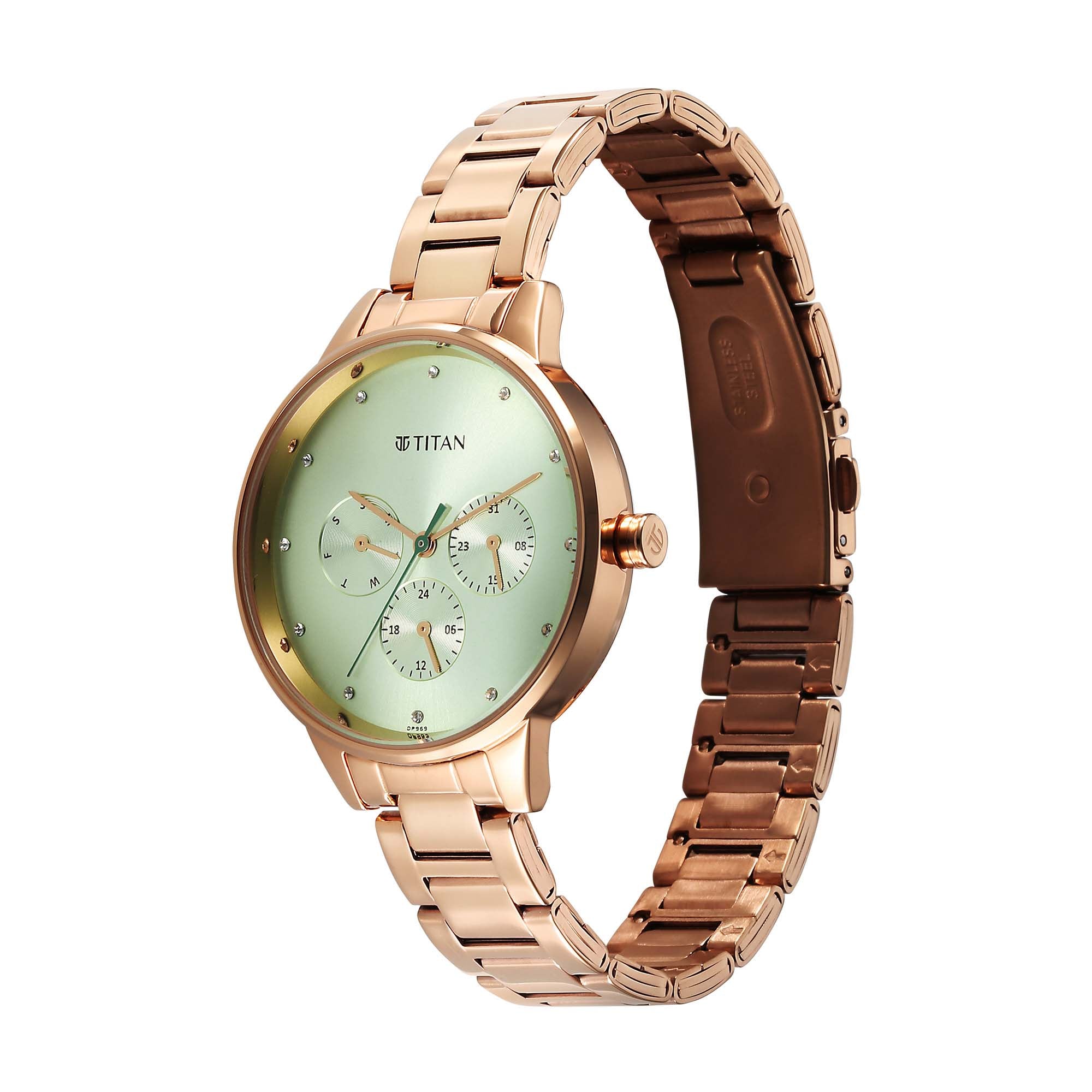 Titan Green Dial Rose Gold Stainless Steel Strap Analog with Day and Date Watch for Women