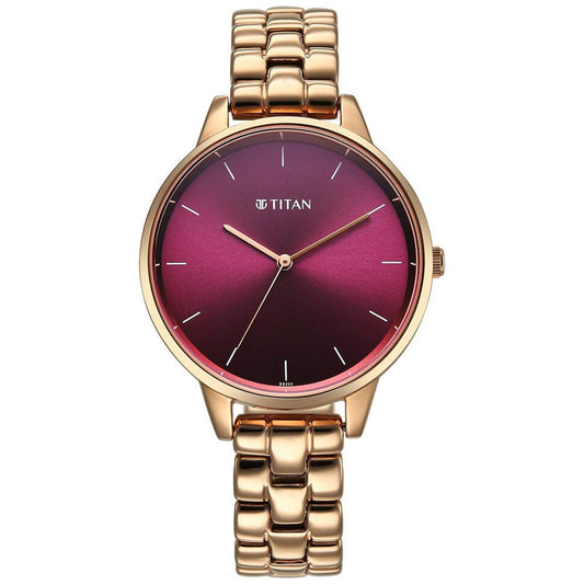 Titan Neo Quartz Analog Maroon Dial Rose Gold Metal Strap Watch For Women