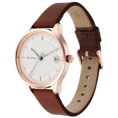 Titan Workwear Silver Dial Brown Leather Strap Analog Watch for Women
