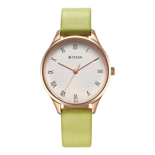 Titan Workwear White Dial Green Leather Strap Analog Watch for Women