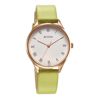 Titan Workwear White Dial Green Leather Strap Analog Watch for Women