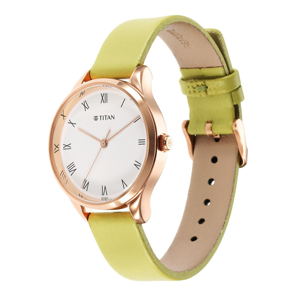 Titan Workwear White Dial Green Leather Strap Analog Watch for Women