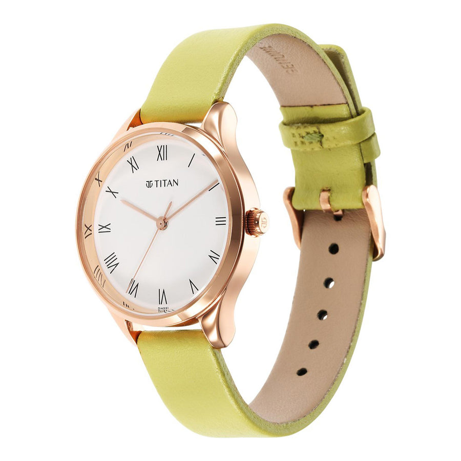 Titan Workwear White Dial Green Leather Strap Analog Watch for Women