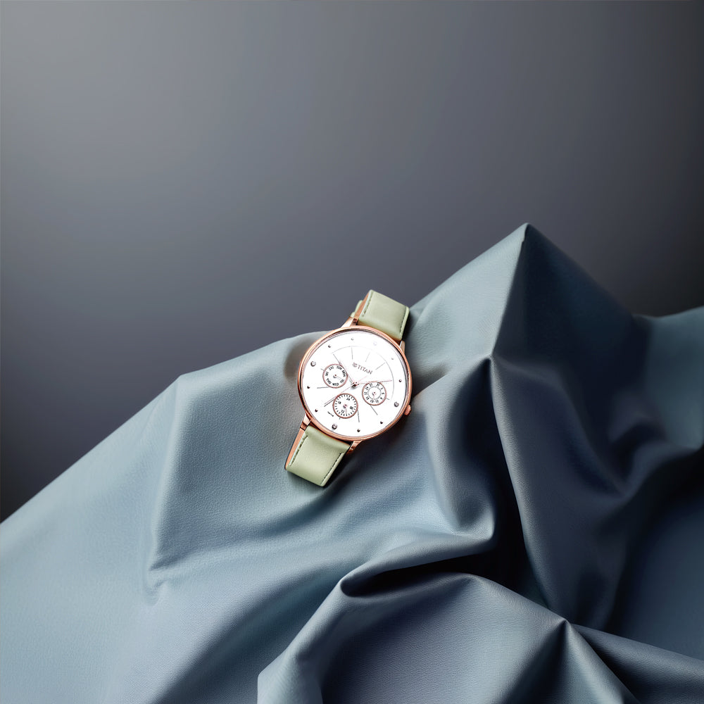 Titan Neo Quartz Multifunction White Dial Leather Strap Watch for Women
