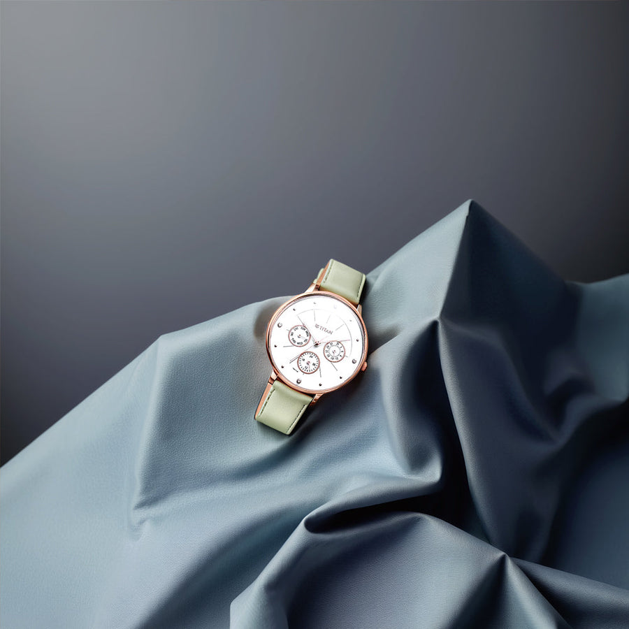 Titan Neo Quartz Multifunction White Dial Leather Strap Watch for Women