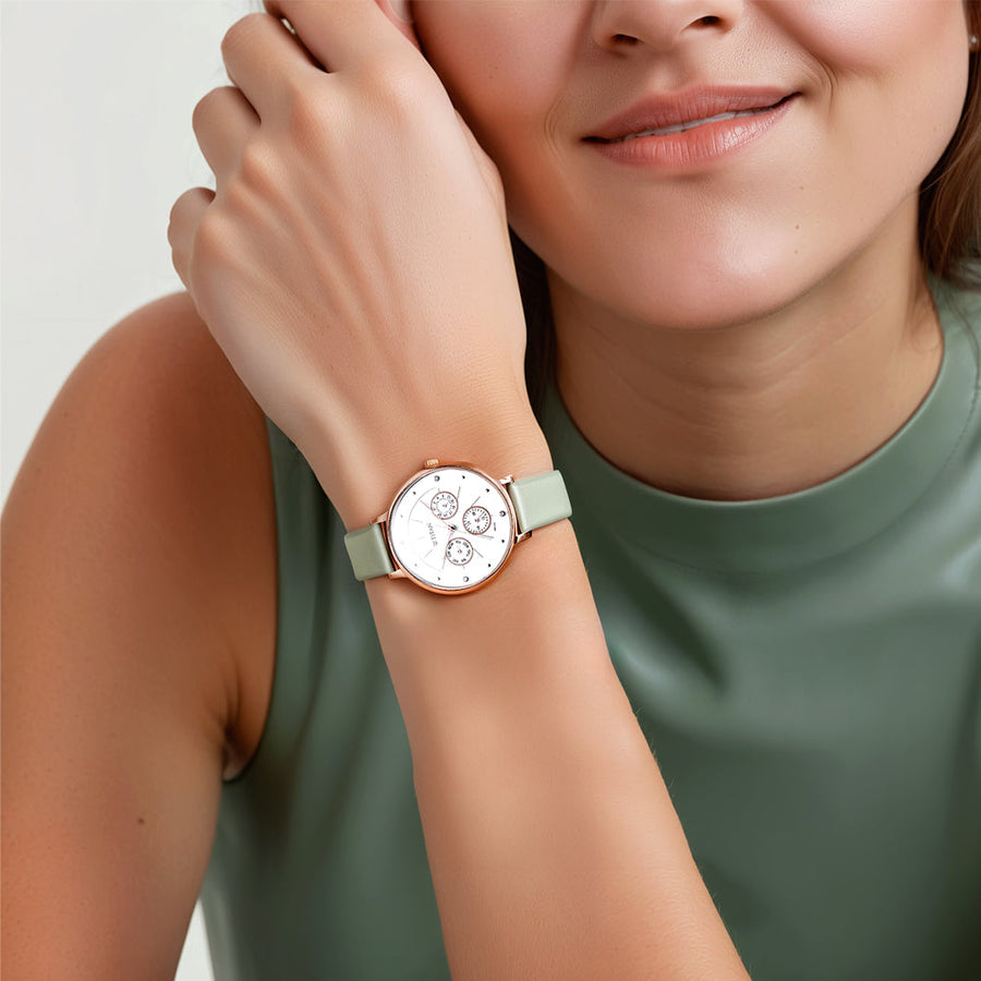 Titan Neo Quartz Multifunction White Dial Leather Strap Watch for Women