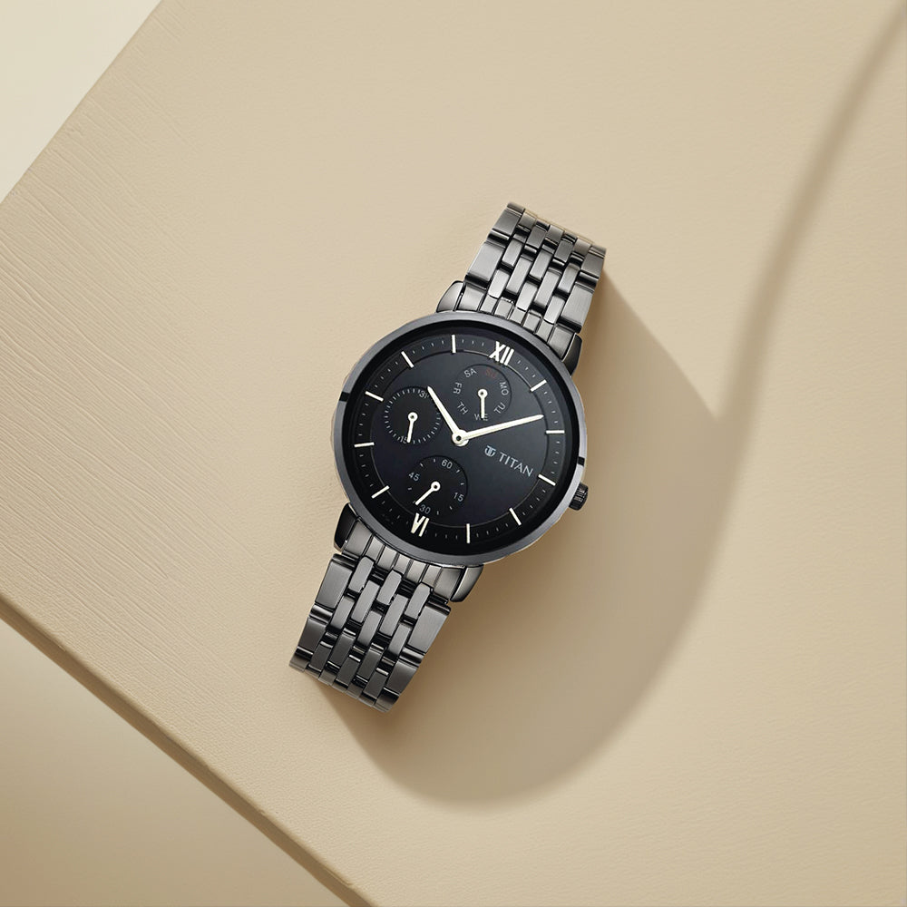 Titan Women's Regal: Roman Numeral Black Dial & Metal Strap Watch