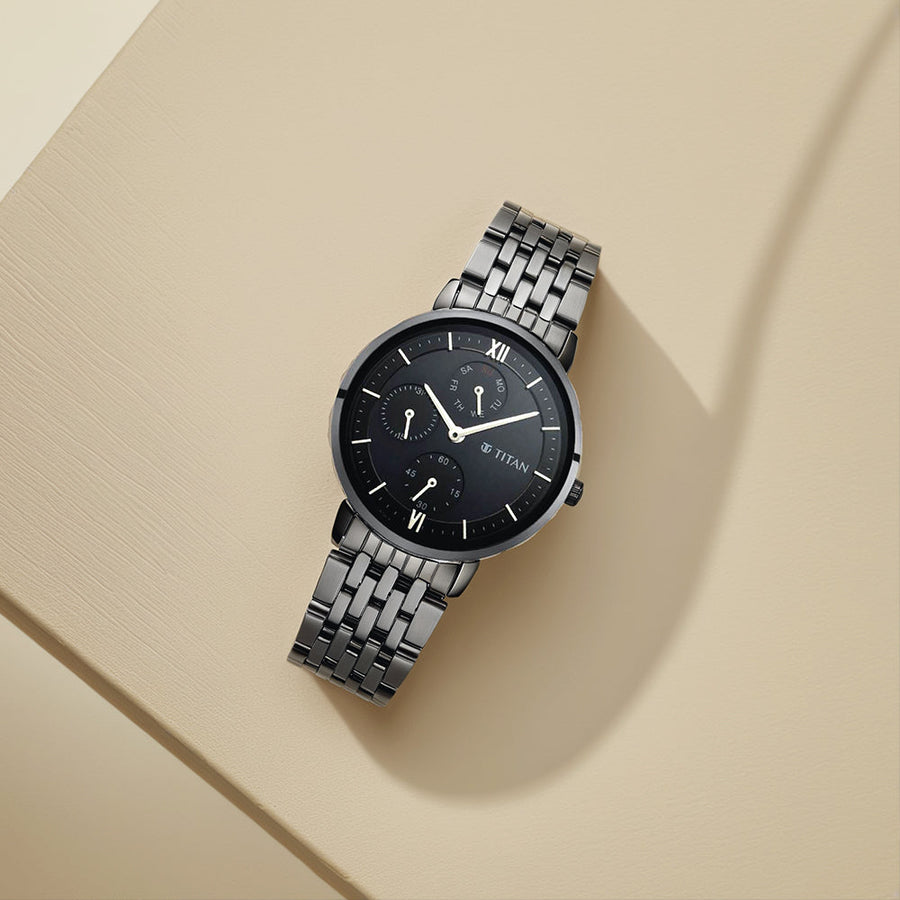 Titan Women's Regal: Roman Numeral Black Dial & Metal Strap Watch