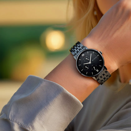 Titan Women's Regal: Roman Numeral Black Dial & Metal Strap Watch