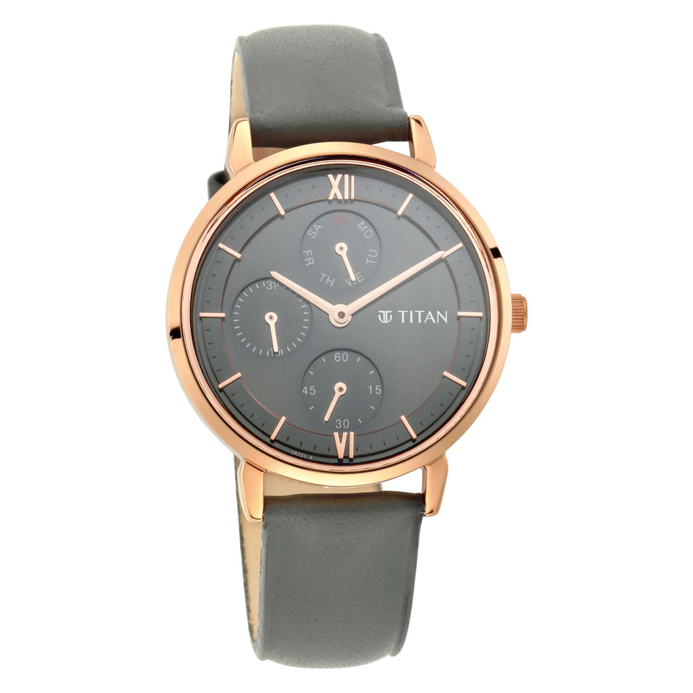 Titan Grey Dial Leather Strap Multifunction Watch for Women