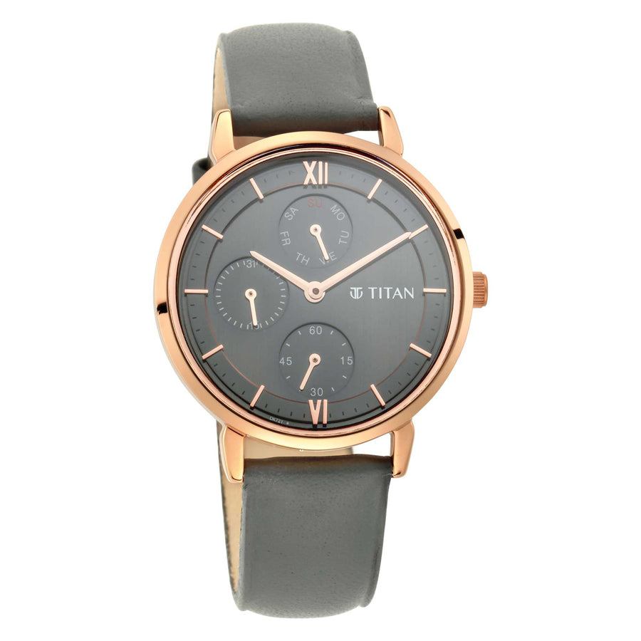 Titan Grey Dial Leather Strap Multifunction Watch for Women