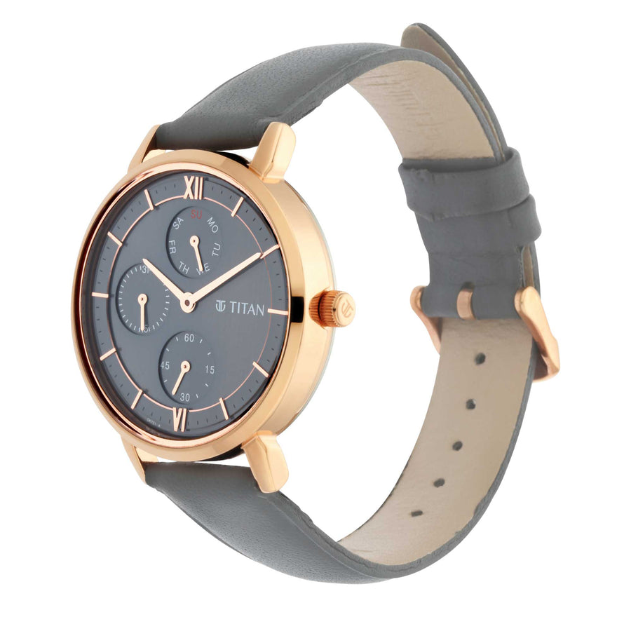Titan Grey Dial Leather Strap Multifunction Watch for Women