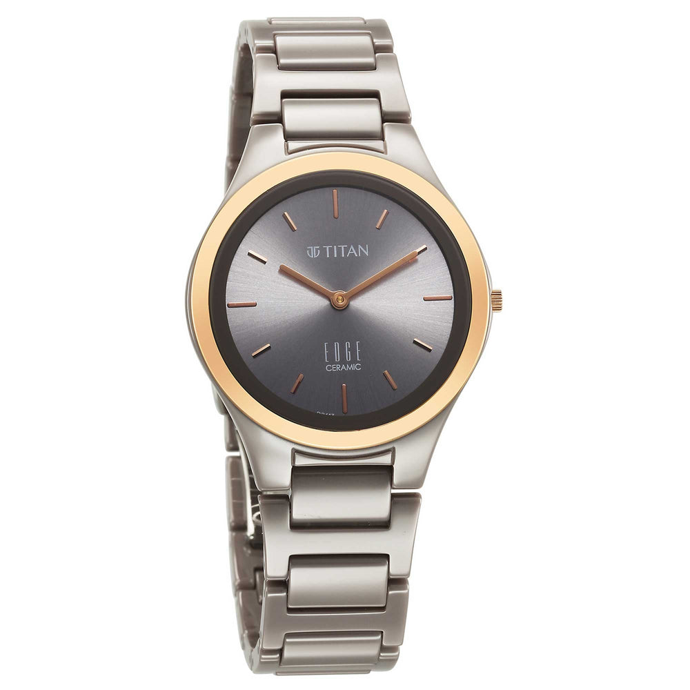 Titan Edge Ceramic Quartz Analog Grey Dial Ceramic Strap Watch For Women
