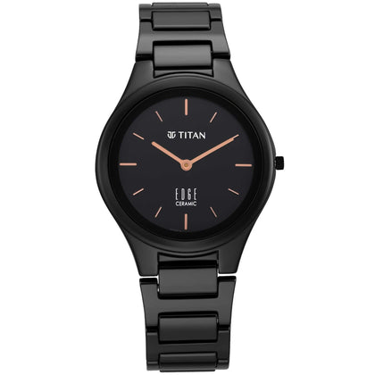 Titan Edge Ceramic Quartz Analog Black Dial Black Ceramic Strap Watch For Women