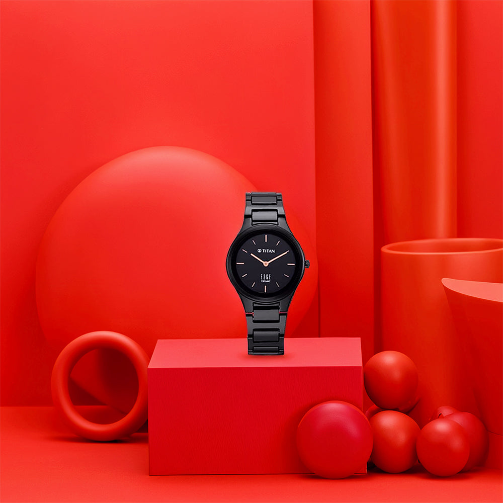 Titan Edge Ceramic Quartz Analog Black Dial Black Ceramic Strap Watch For Women