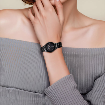 Titan Edge Ceramic Quartz Analog Black Dial Black Ceramic Strap Watch For Women