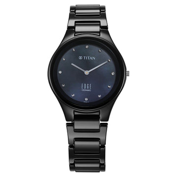 Titan Edge Ceramic Quartz in Glossy Black with Diamonds and Rich Mother of Pearl Dial Watch for Women