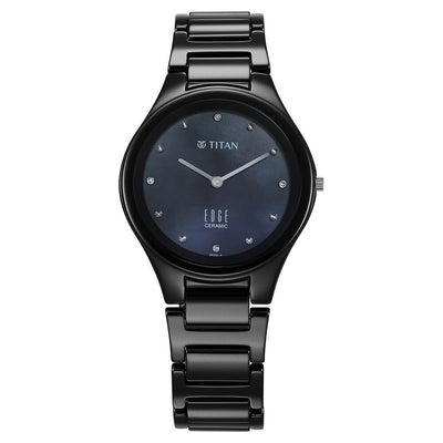 Titan Edge Ceramic Quartz in Glossy Black with Diamonds and Rich Mother of Pearl Dial Watch for Women