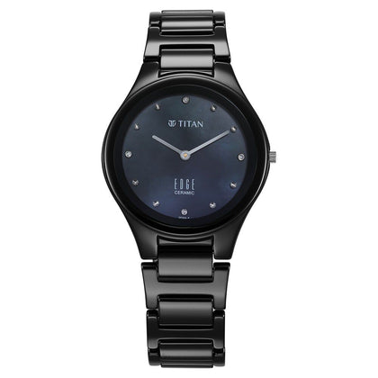 Titan Edge Ceramic Quartz in Glossy Black with Diamonds and Rich Mother of Pearl Dial Watch for Women