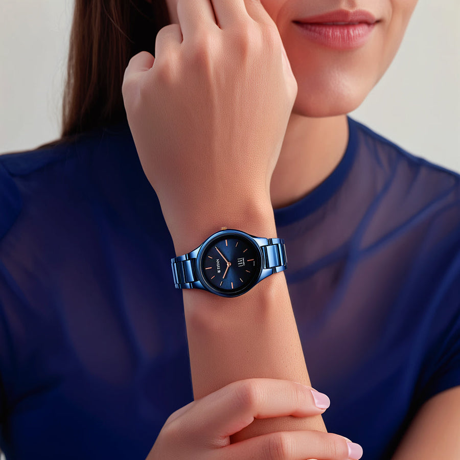 Titan Edge Ceramic Quartz in Atlantic Blue Dial Watch for Women