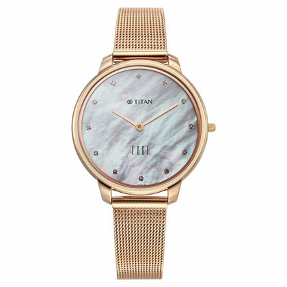Titan Edge Metal Ladies Allure Quartz Analog Mother Of Pearl Round Dial Rose Gold Stainless Steel Strap Watch For Women