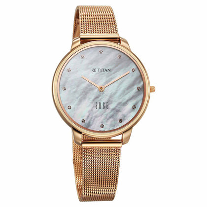 Titan Edge Metal Ladies Allure Quartz Analog Mother Of Pearl Round Dial Rose Gold Stainless Steel Strap Watch For Women