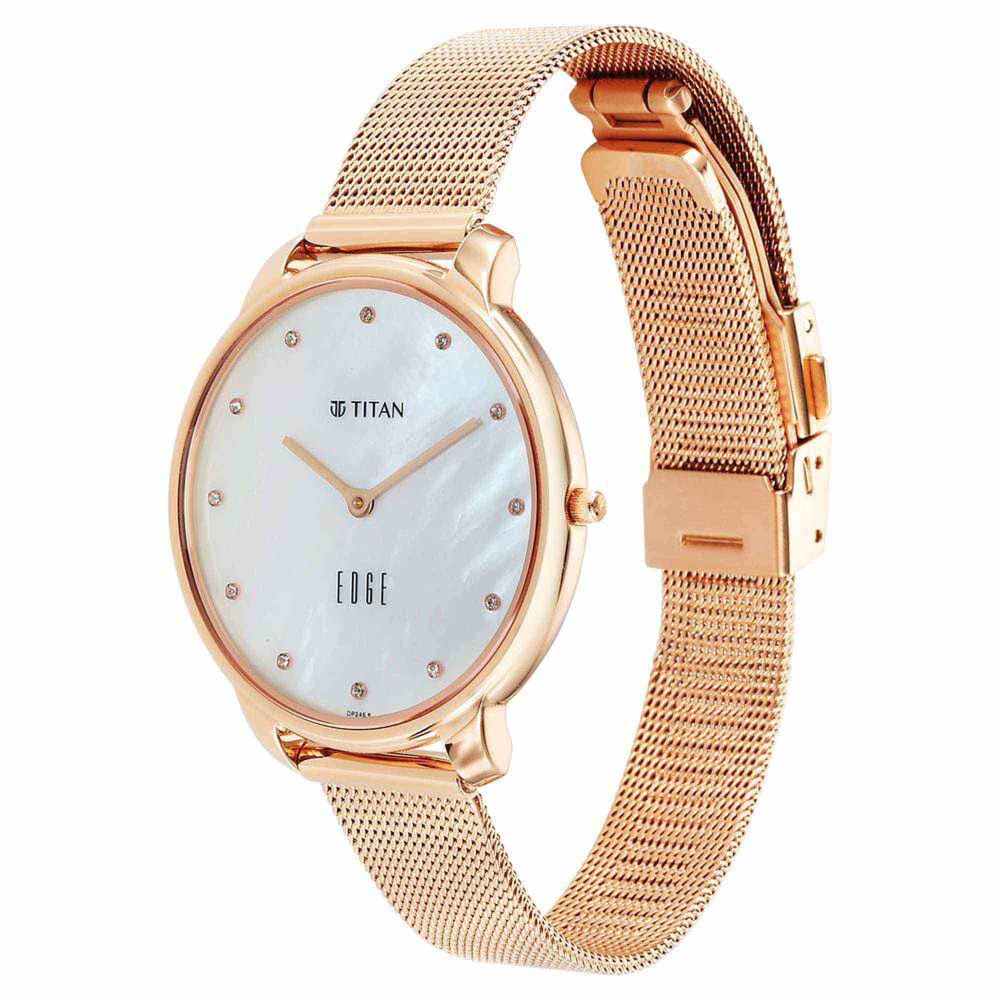 Titan Edge Metal Ladies Allure Quartz Analog Mother Of Pearl Round Dial Rose Gold Stainless Steel Strap Watch For Women