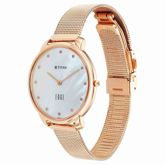 Titan Edge Metal Ladies Allure Quartz Analog Mother Of Pearl Round Dial Rose Gold Stainless Steel Strap Watch For Women