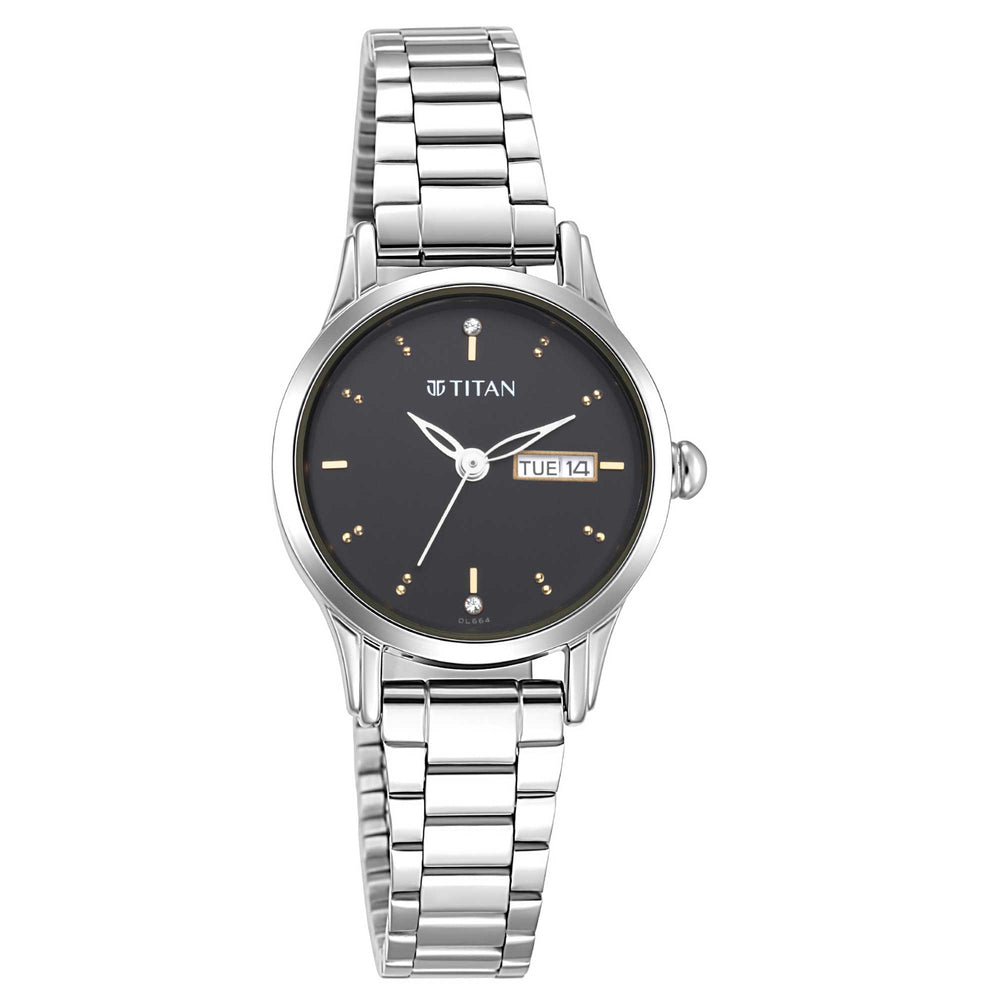 Titan Lagan Black Dial Analog with Day and Date Metal Strap Watch for Women