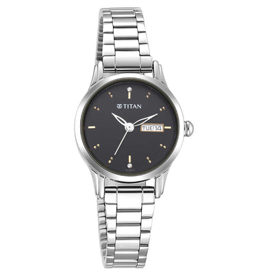 Titan Lagan Black Dial Analog with Day and Date Metal Strap Watch for Women
