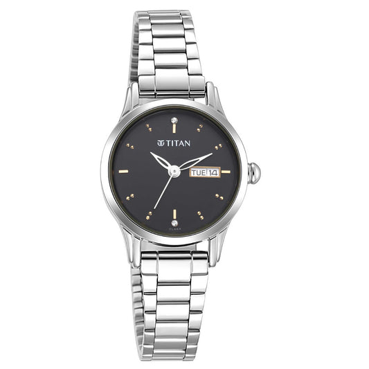 Titan Lagan Black Dial Analog with Day and Date Metal Strap Watch for Women