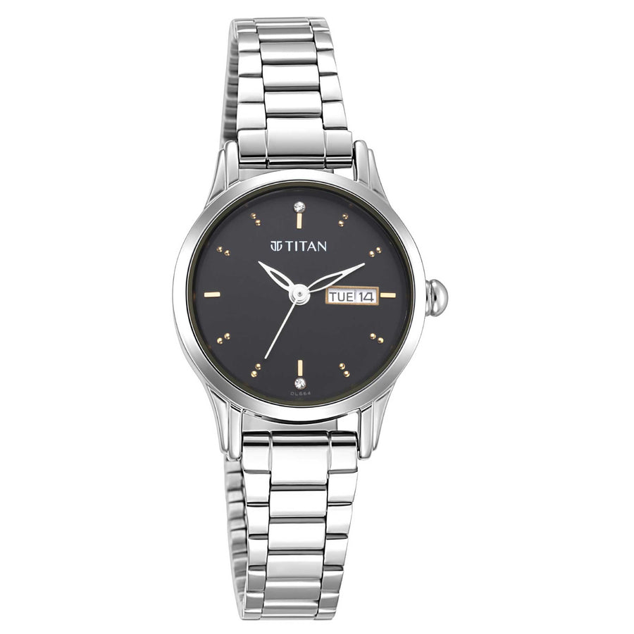 Titan Lagan Black Dial Analog with Day and Date Metal Strap Watch for Women