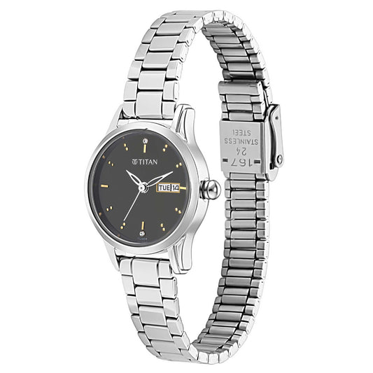 Titan Lagan Black Dial Analog with Day and Date Metal Strap Watch for Women