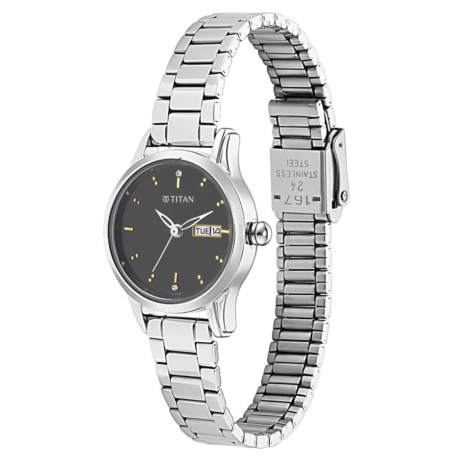 Titan Lagan Black Dial Analog with Day and Date Metal Strap Watch for Women