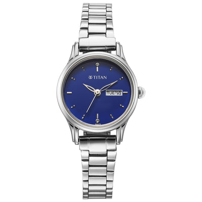 Titan Karishma Blue Dial Silver Stainless Steel Strap Analog with Day Date Watch for Women
