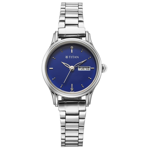 Titan Karishma Blue Dial Silver Stainless Steel Strap Analog with Day Date Watch for Women