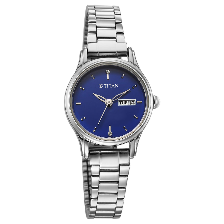 Titan Karishma Blue Dial Silver Stainless Steel Strap Analog with Day Date Watch for Women